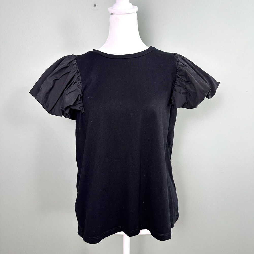Maeve Anthropologie Puff Sleeve Top Cotton Short Sleeve Large Black Whimsigoth